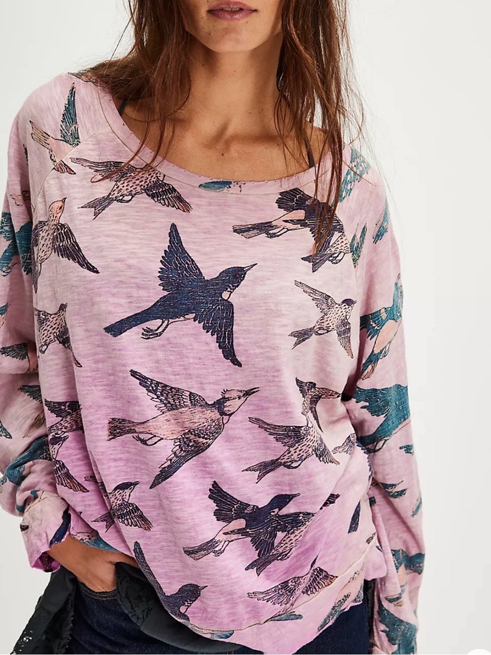 Magnolia Pearl Take Flight Long-Sleeve Tee Shirt-AOP Birds-New-Read